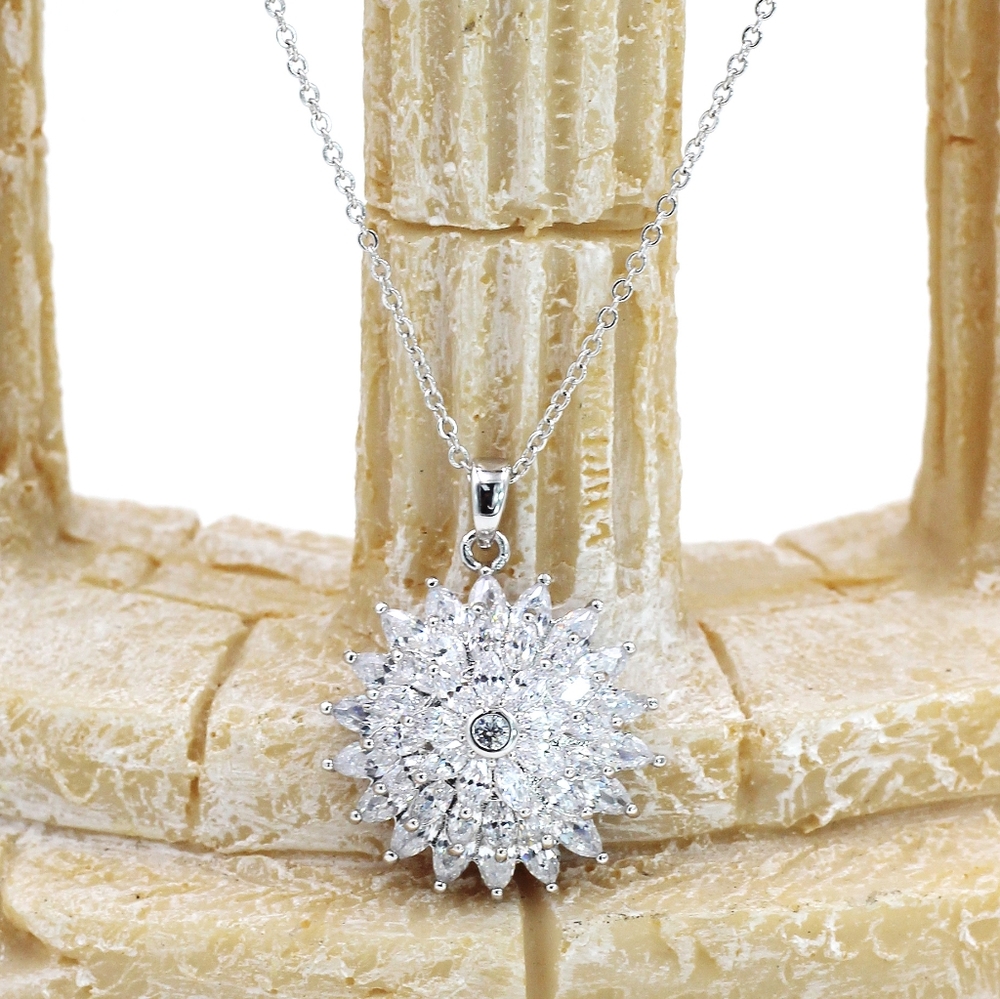 Sterling silver sparkling sunflower crystal silver necklace